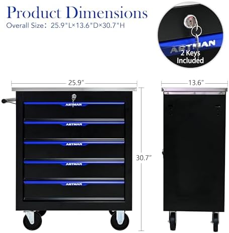 5-Drawer Heavy-Duty Rolling Steel Tool Cart with Handle&Wheels, Metal Storage Organizer Cabinet, Tool Chest for Efficient Tool Storage in Garage, Warehouse, Workshop, Repair Shop, Blue - Image 3