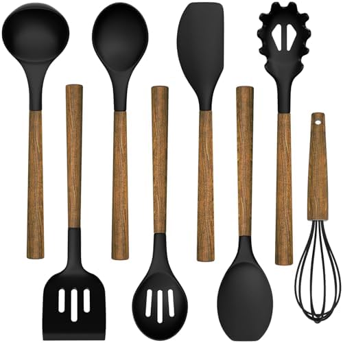 Silicone Cooking Utensil Set, Umite Chef 8-Piece Kitchen Utensils Set with Natural Acacia Wooden Handles,Food-Grade-Silicone Kitchen Gadgets Spatulas Set for Nonstick Cookware- Black by UmiteChef