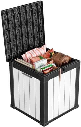 ROJIK Outdoor Storage Housing Deck Box - Waterproof Patio Furniture, Garden Tools, Cushions, Pool Accessories Storage Bench with Lockable Lid and Side Handles (Black & Whiter, 50 Gal) by ROJIK