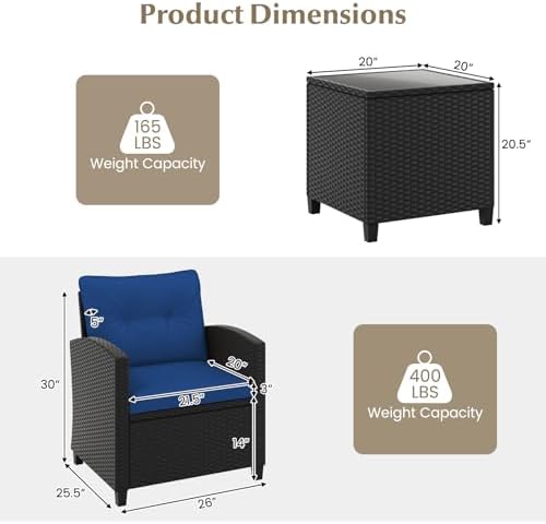 Tangkula 3 Piece Patio Furniture Set, Rattan Conversation Set w/Soft Seat & Back Cushions, Tempered Glass Topped Coffee Table, Cushioned Wicker Seating Set for Backyard, Porch, Poolside - Image 6