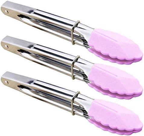 HINMAY 7-Inch Serving Tongs with Silicone Tips, Set of 3 (Pink) by HINMAY