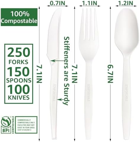 MISISIPI Compostable Forks Spoons Knives Silverware Utensil set Extra Heavyduty Eco-friendly BPI Certified Disposable Plastic free Utensils Cutlery Set Flatware Tableware (Cutlery Set-500) - Image 3