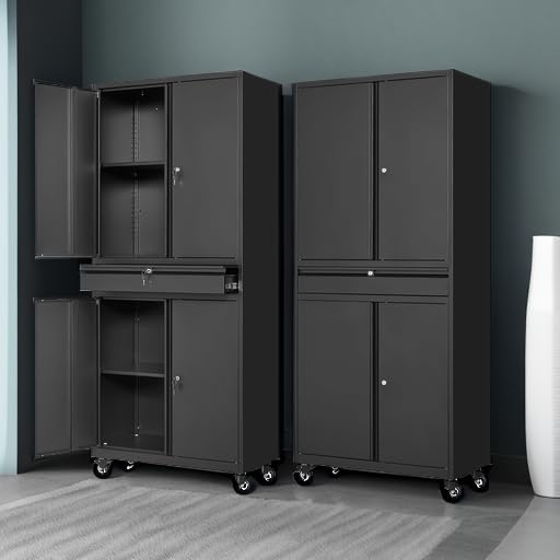 Letaya Metal Garage Storage Cabinet with Wheels,Rolling Tool Cabinet with 4 Door Lock-Adjustable Shelves and 1 Drawer for Garage Home Office Utility Room (Black with Wheels) - Image 5