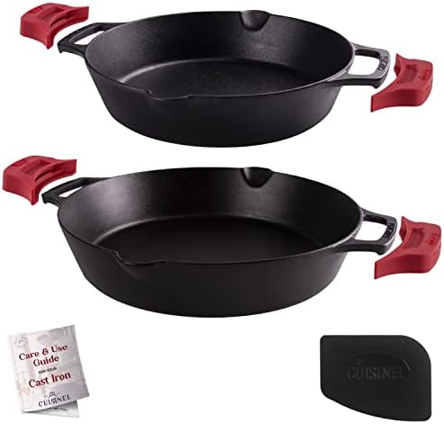 Cast Iron Skillet Set - 10" + 12"-Inch Dual Handle Frying Pans + Silicone Handle Holder Covers + Pan Scraper - Pre-Seasoned Oven, Grill, Stovetop, Induction Safe Kitchen Cookware - Indoor/Outdoor Use by Cuisinel
