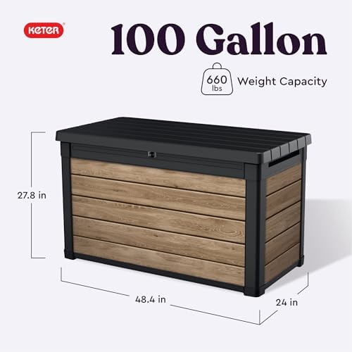 Keter Signature Collection 100 Gallon Resin Deck Box Organization Box and Storage for Patio Outdoor Cushions, Throw Pillows, Garden Tools and Pool Supplies, Ashwood - Image 2