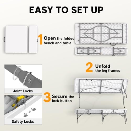 Outsunny 6FT 3-Piece Portable Picnic Table Bench Set Folding Handles White - Image 4