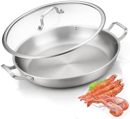 Yeksum Tri-Ply Stainless Steel Paella Pan Large Saute Pan with Lid (Stainless Steel, 13.5 INCH) by YEKSUM