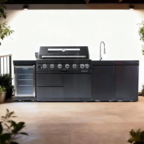 95-Inch 6-Burner Propane Gas Outdoor Grill Island, 85000 BTU 304 Marine SS BBQ with Wine Cooler/Refrigerator, Sink, Granite Countertops for Patio Backyard, Black by Dvasovio