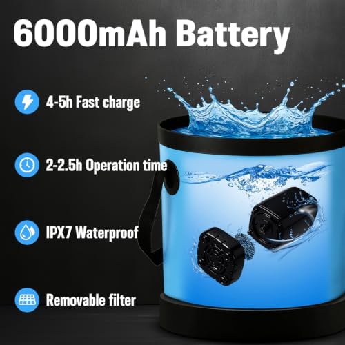 Portable Shower for Camping, 6000mAh Rechargeable Camp Shower Pump with Large Capacity Foldable Bucket, Filtered Shower Head, Outdoor Camping Shower Kit for Travel, Pet Bath, Car Washing - Image 6
