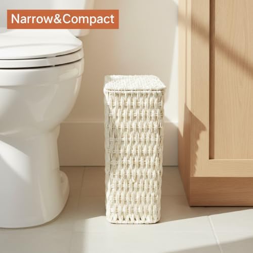 Coeusy 3 Gallon Paper Rope Bathroom Trash Can,Small Wicker Trash Cans with Lid and Liner,Woven Rattan Narrow Waste Basket for Bedroom,Office,White - Image 4