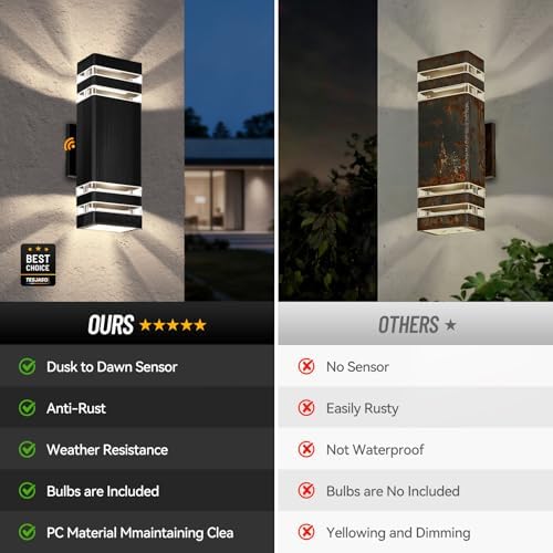 Outdoor Wall Lights 2-Pack – Modern Patio Wall Light Fixture, Dusk to Dawn Outside Lights for House, Up & Down Outdoor Sconce, Waterproof Outdoor Light Fixtures, Front Porch, Garage Lights - Image 3