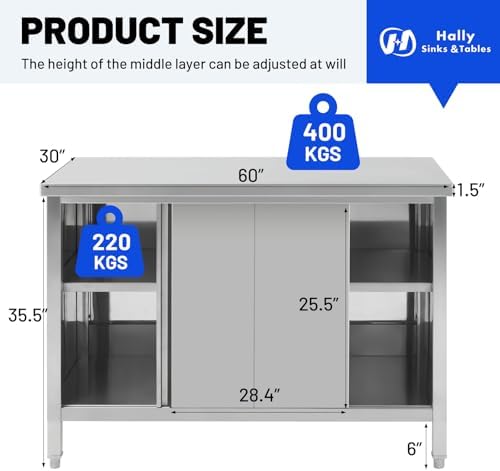 Hally Stainless Steel Cabinet 30"x60" Commercial Heavy Duty Prep Workbench - Image 2