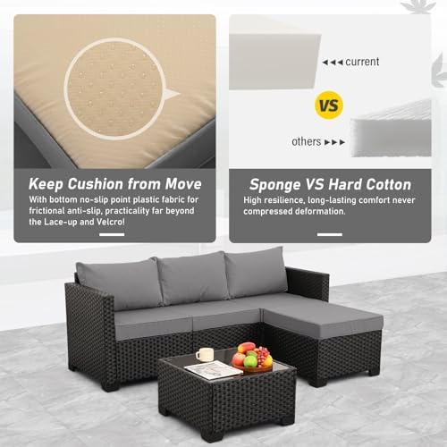 Oasishine Wicker Patio Furniture Patio Couch 3 Pieces Outdoor Sectional with Ottoman and Outdoor Glass Table Weathering Anti-Slip Cushions Furniture Covers, Light Grey - Image 4