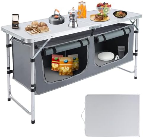 Outdoor Folding Camping Table with Storage Organizer(Grey) by Pnbfhn