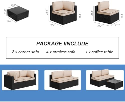 Shintenchi 7 Piece Outdoor Patio Furniture Set with Black PE Rattan, Khaki - Image 4