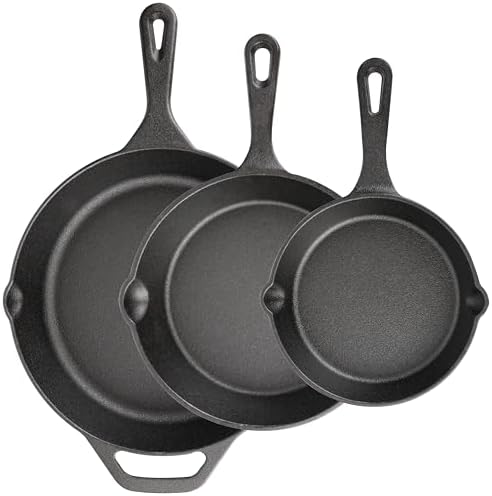 Cast Iron Skillet 3-Piece Set, 6", 8", 10" Frying Pans, Heavy-Duty Pre-Seasoned Pan Cookware Set, For Frying, Saute, Cooking, Pizza & More, Black by isheTao