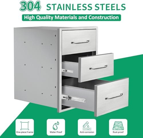 Outdoor Kitchen Drawers 15.7" W x 21.6" H x 17.7" D Stainless Steel Triple Drawers with Ergonomic Handle for BBQ Island, Patio Grill Station & Outdoor Kitchen Cabinets - Image 3
