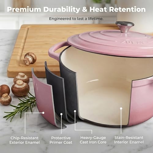 Zulay Kitchen 7.7 Quart Enameled Cast Iron Dutch Oven Pot with Lid – Premium Durability & Oven Safe up to 500°F – Heavy Duty Cookware Perfect for Bread Baking, Stews, Braising & Roasting – Pink - Image 5
