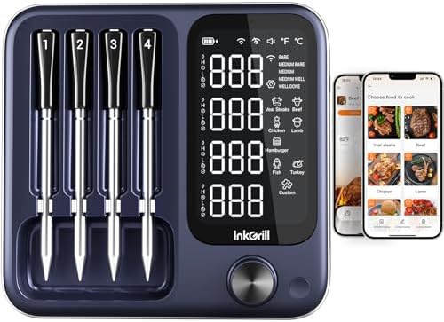4-Probe Digital Meat Thermometer Wireless with Smart APP, Unlimited Range WiFi & Bluetooth Meat Thermometer for BBQ, Rotisserie, Oven, Grill, Smoker,and Air Fryer Cooking by InkGrill