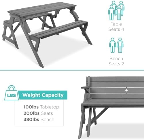 Best Choice Products 2-in-1 Transforming Interchangeable Outdoor Wooden Picnic Table Garden Bench for Backyard, Porch, Patio, Deck w/Umbrella Hole - Gray - Image 6