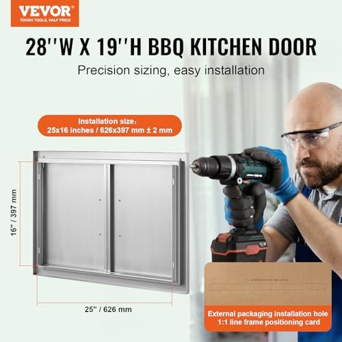 VEVOR BBQ Access Door, 28W x 19H Inch Double Outdoor Kitchen, Stainless Steel Flush Mount, Wall Vertical with Handles, for BBQ Island, Grilling Station, Outside Cabinet - Image 2