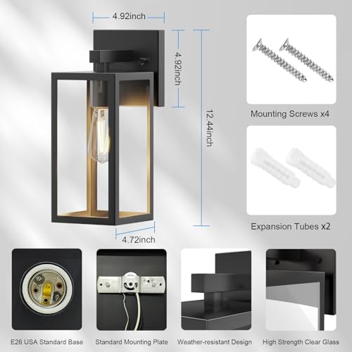 Kalium Porch Wall Lights Outdoor, Waterproof Lanterns with Frame and Clear Glass Shade, Exterior Front Porch Light Matte Black Wall Sconce, Modern Mounted Lighting for Patio Entryway Hallway - Image 4