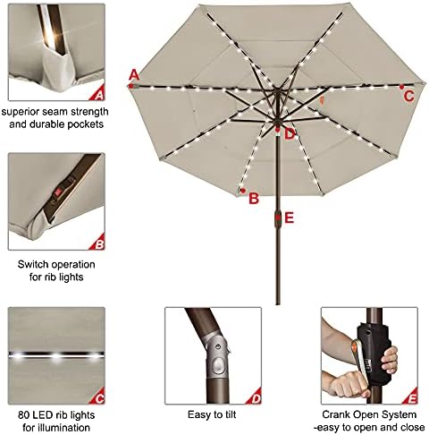 EliteShade USA 10-Year-Non-Fading 9ft 3-Tier Market Patio Umbrella, Commercial Table Umbrella with 80 Solar LED Lights, Crank Open, Windproof & UPF 50+ UV Protection for Garden, Deck, Pool, Backyard, Antique Beige - Image 5