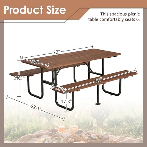 72" Rectangular Outdoor Picnic Table - 6 Person Brown Wooden Dining Set with Built-in Benches, Ideal for Garden BBQ & Courtyards - Image 2