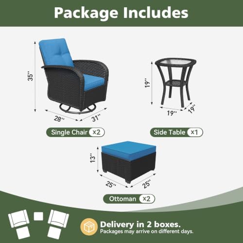Aoxun 5 Piece Outdoor Patio Furniture Set with Coffee Table, Outdoor Patio Furniture Sets with High Back Swivel Rocker Chairs, Outdoor Sofa Set with Ottoman for Backyard & Garden, Peacock Blue - Image 2