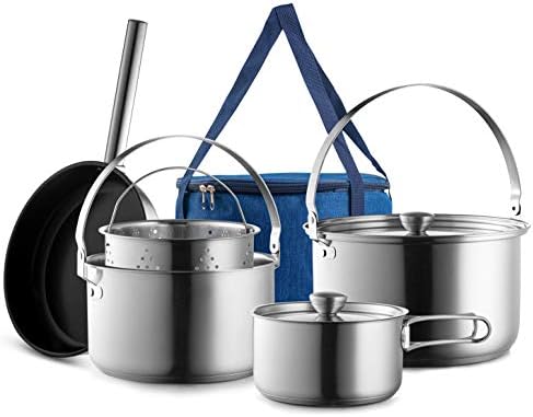 Camping Cookware Set 304 Stainless Steel 8-Piece Pots & Pans Open Fire Cooking Kit | Frying Pan Steamer with Travel Tote Bag | Compact For Outdoors & Indoors Kitchen Campfire Hiking RV by Wealers