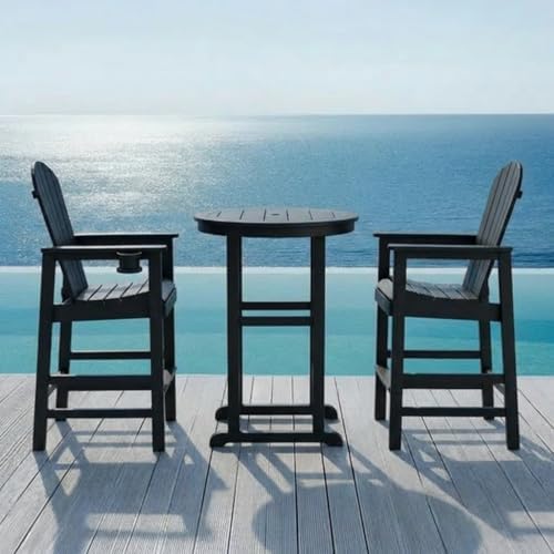 3-Piece HDPE Bar Height Table and Chairs Set, 31.1" Square High Top Pub Table with Umbrella Hole, 2 Adirondack Charis with Cup Holders, Outdoor Patio Dining Set for Bistro Backyard Deck Black - Image 3
