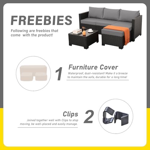 Oasishine Wicker Patio Furniture Patio Couch 3 Pieces Outdoor Sectional with Ottoman and Outdoor Glass Table Weathering Anti-Slip Cushions Furniture Covers, Light Grey - Image 6