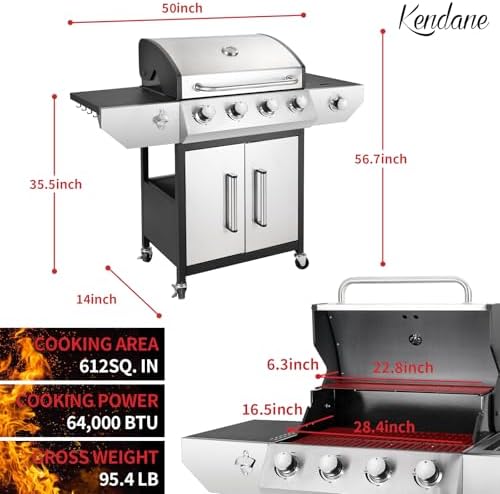 Kendane 4-Burner Propane Gas BBQ Grill with Side Burner, Barbecue Gas Grill with Enameled Cast Iron Grates for Outdoor Patio Garden Barbecue, 53,000 BTU, Stainless Steel Grill Cover included - Image 3