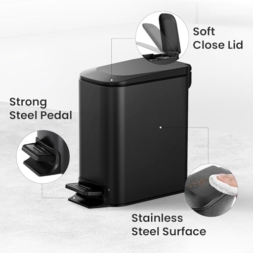 Cesun Small Bathroom Trash Can with Lid, 1.6 Gal, Soft Close, Matte Black - Image 3