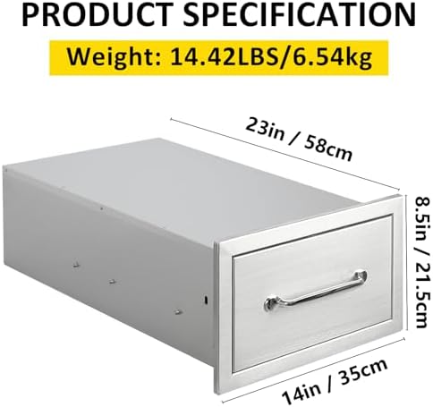 Outdoor Kitchen Drawers 14" W x 8.5" H x 23" D Flush Mount Single BBQ Drawers with Chrome Handle Built-in Stainless Steel Drawer for Outdoor Kitchen Island, Patio Grill Station - Image 2