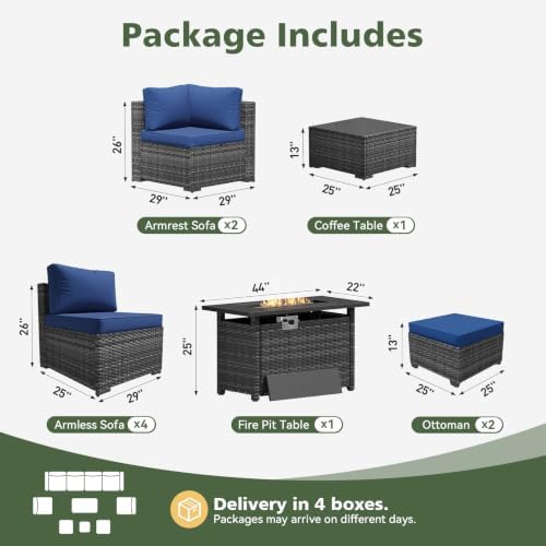 Aoxun 10 Piece Outdoor Patio Furniture Set with 44'' Fire Pit Table, Outdoor Patio Furniture Sets with Coffee Table, Wicker Rattan Outdoor Conversation Set with Ottoman for Backyard, Navy Blue - Image 2