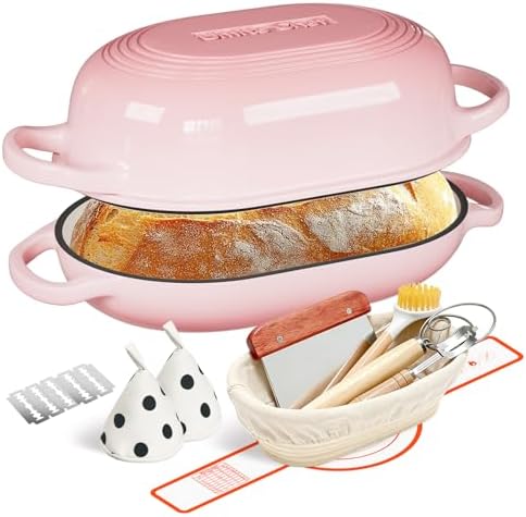 Enameled Cast Iron Sourdough Bread Oven, Dutch Oven for Bread Baking, - incl. Sourdough Bread-Baking Supplies like Banneton Bread-Proofing Basket - 5QT Loaf Cast Iron Bread Pan-Making Kit Pan, Pot, Sour Sough Tools, Lame (Pink) by UmiteChef