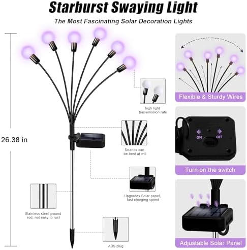 NBQQ Solar Lights Outdoor 4 Pack of 24 LEDs Swaying Firefly Garden Decor - Image 2
