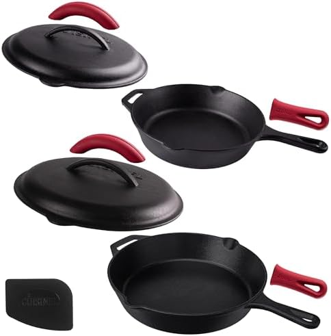 Cast Iron Skillet Set with Lids - 10"+12"-inch Pre-Seasoned Covered Frying Pan Set + Silicone Handle and Lid Holders + Scraper/Cleaner - Use Indoor/Outdoor, Oven, Stovetop, Fire, BBQ Kitchen Cookware by Cuisinel