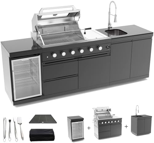 98.4 Inch Outdoor Kitchen Island, 72000 BTU Gas Grill Combination With Refrigerator and Sink, Outdoor Stainless Steel Barbecue Bar, Natural Gas Barbecue Grill for Patios, Gardens, Parties by Qeeka
