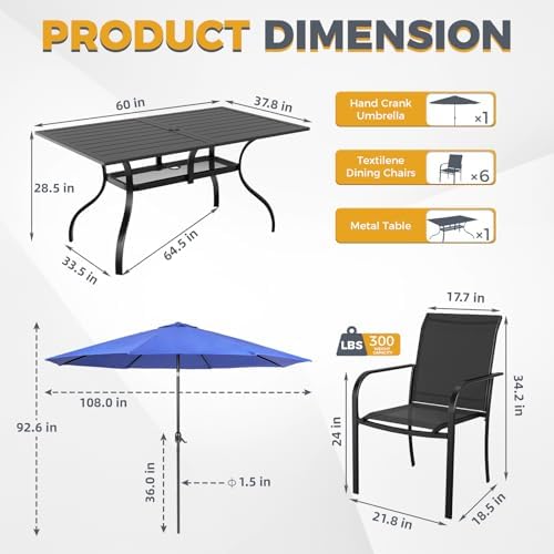 Incbruce 8 Pieces Patio Dining Set with Dark Blue Umbrella, Outdoor Dining Set of 6 Textilene Chairs and Rectangle Table with Umbrella Hole for Backyard, Garden, and Poolside (Black) - Image 5