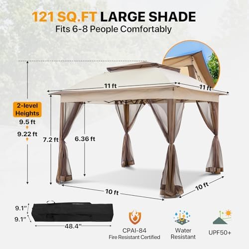 COOS BAY 11x11 Pop Up Gazebo with Netting, Canopy Tent, Beige - Image 3