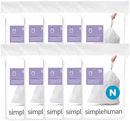 simplehuman Code N 200 Count Custom Fit Liners, Drawstring Kitchen Trash Bags, One-by-One Mess-Free Dispense, Extra Thick & Double Seamed, 50% PCR Plastic, 40-50 Liter / 10.6-13 Gallon, White by Unknown