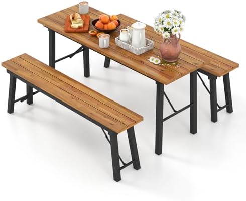HAPPYGRILL Folding Picnic Table Bench Set, Acacia Wood Dining Table Bench w/Metal Frame, Portable Camping BBQ Table Bench, Rectangular Dining Table for Indoor Outdoor Activities Garden Yard Patio by HAPPYGRILL