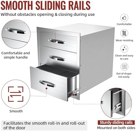Outdoor Kitchen Drawers Stainless Steel, BBQ Drawer Inserts for Built-in Patio Grill Station, Triple Drawer, 20''W x 27''H x 23''D - Image 6