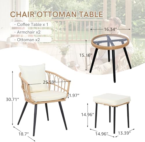 PORWEY 5 Piece Patio Bistro Set, All-Weather Rattan, Yellow/Beige - Image 2