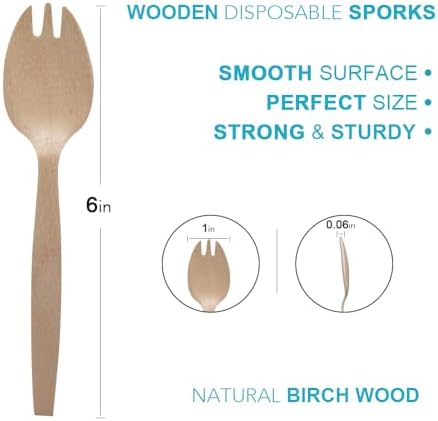 Disposable Sporks 6" Natural Birch Wood Sporks 100 Pack - Image 2