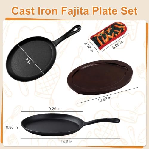 DVK Cast Iron Fajita Plate Set Pre-Seasoned Fajita Skillet with Wooden Base Anti Scald Mitt Sizzling Plate for Grill Stove Oven Home BBQ Restaurant Catering - Image 5