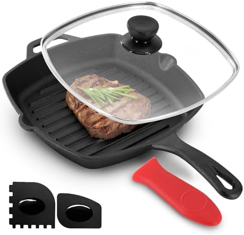 Megachef 10.4 Inch Pre-Seasoned Cast Iron Griddle with Tempered Glass Lid by Megachef