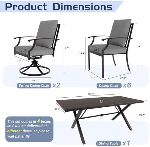 ALAULM 9-Piece Patio Dining Table and Chairs for 8 Outdoor Dining Set with 2 Swivel Chairs Patio Dining Sets with Rectangular Metal Table with Umbrella Hole for Patio, Backyard, Garden-Grey - Image 6